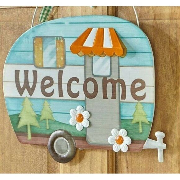 Happy Camper Welcome Retro Trailer Garden Wall Hanging Yard Stake Sign Gift NEW - Picture 2 of 2